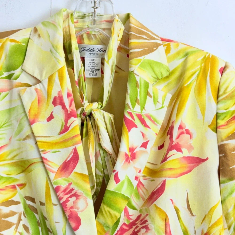 Judith Hart Petites Tropical Floral Blazer Jacket Yellow Green Pink Tie Neck 6P